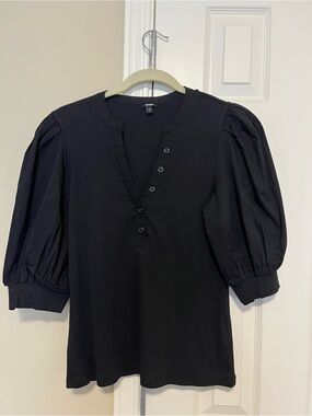 Express Black Button Henley Top with Puff Sleeve Detail